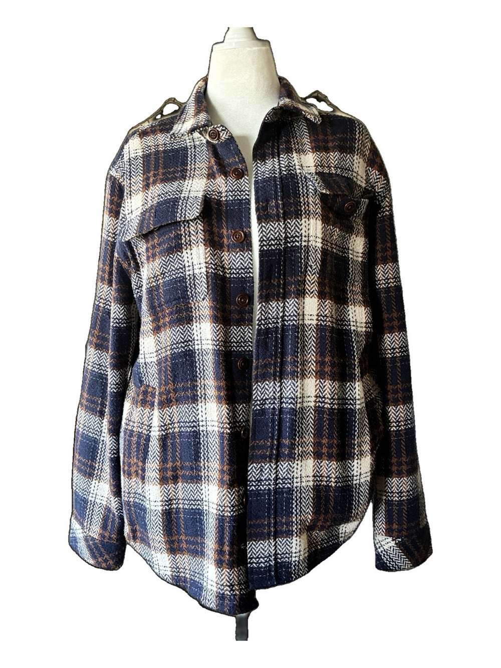 Rails Plaid Button-Front Shacket in Navy, White & Brown